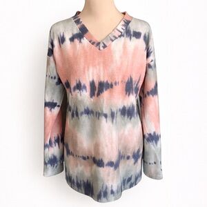 Bibi Brushed Tie Dye Tunic Top V Neck Long Sleeve Olive Pink Size M USA
